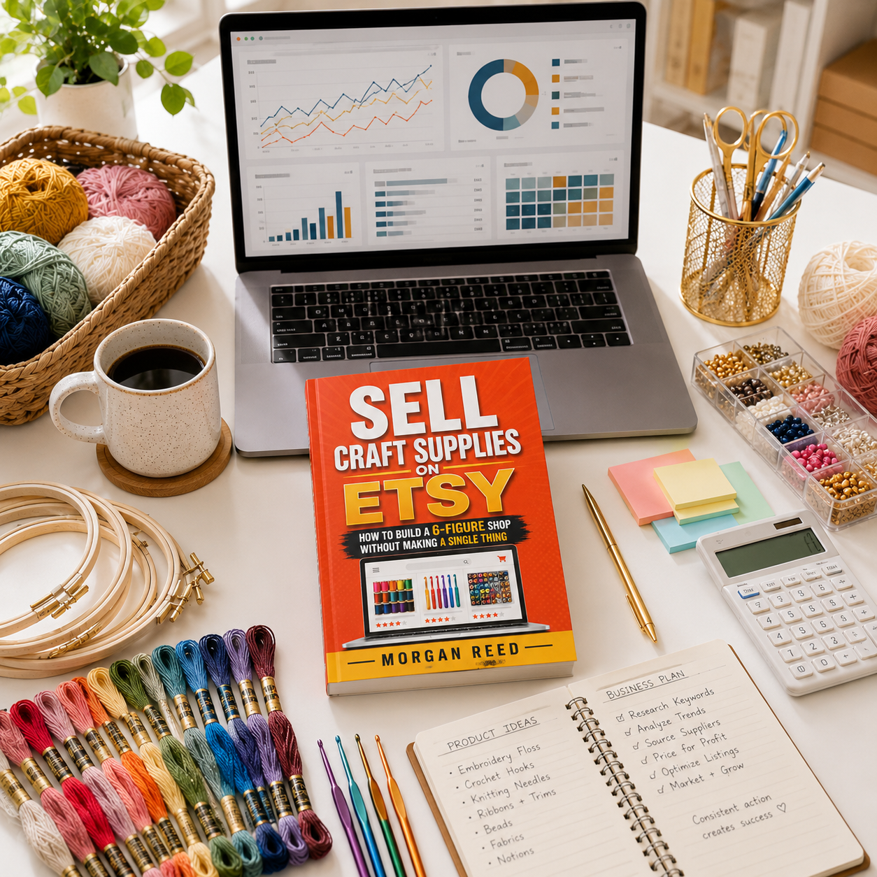 Sell Craft Supplies on Etsy shown on a desk with craft supplies